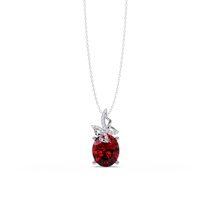 4.0 CTW Oval Butterfly Colorstone Pendant Necklace — Ruby Deep Red — 14K White Gold
