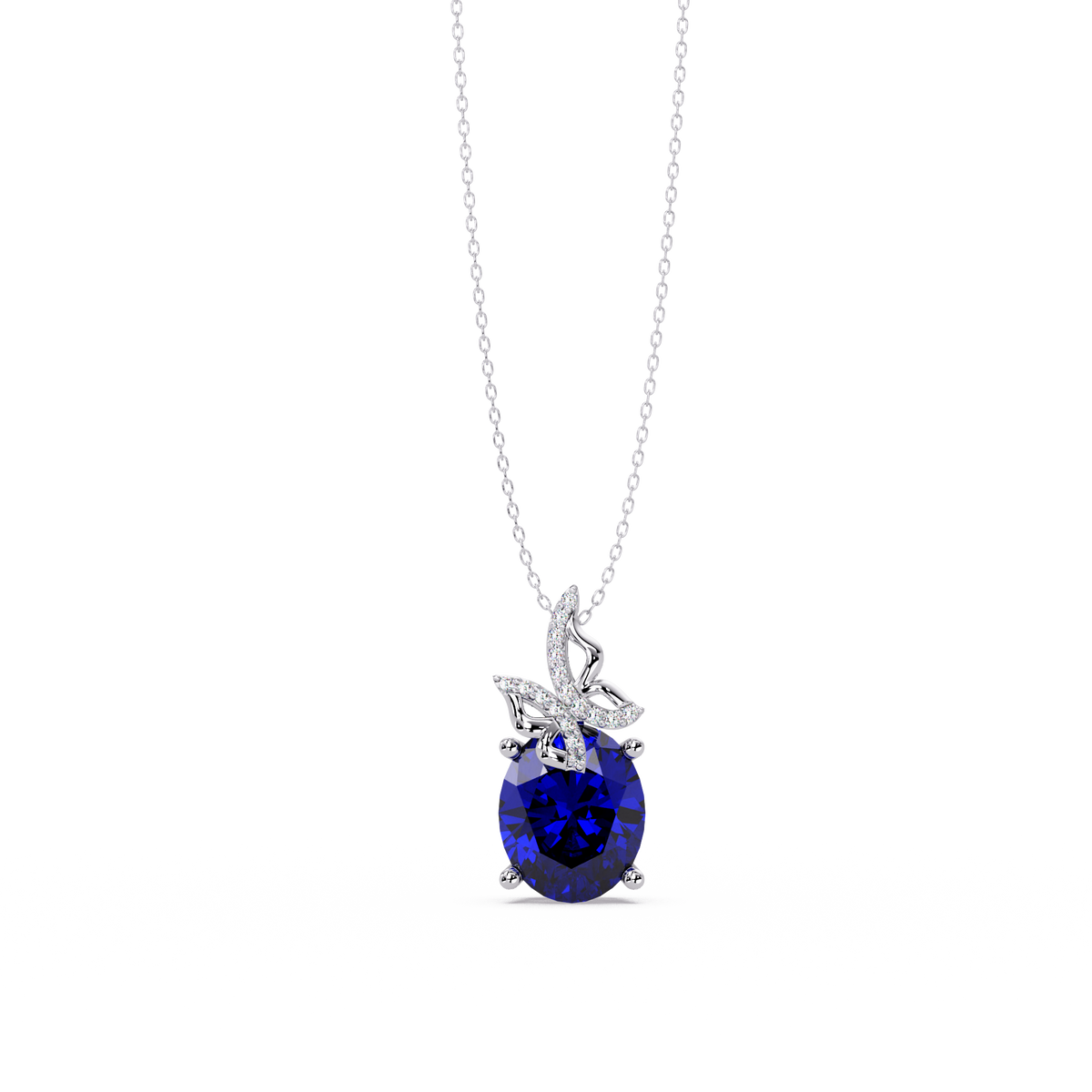4.0 CTW Oval Butterfly Colorstone Pendant Necklace — Sapphire Royal Blue — 14K White Gold