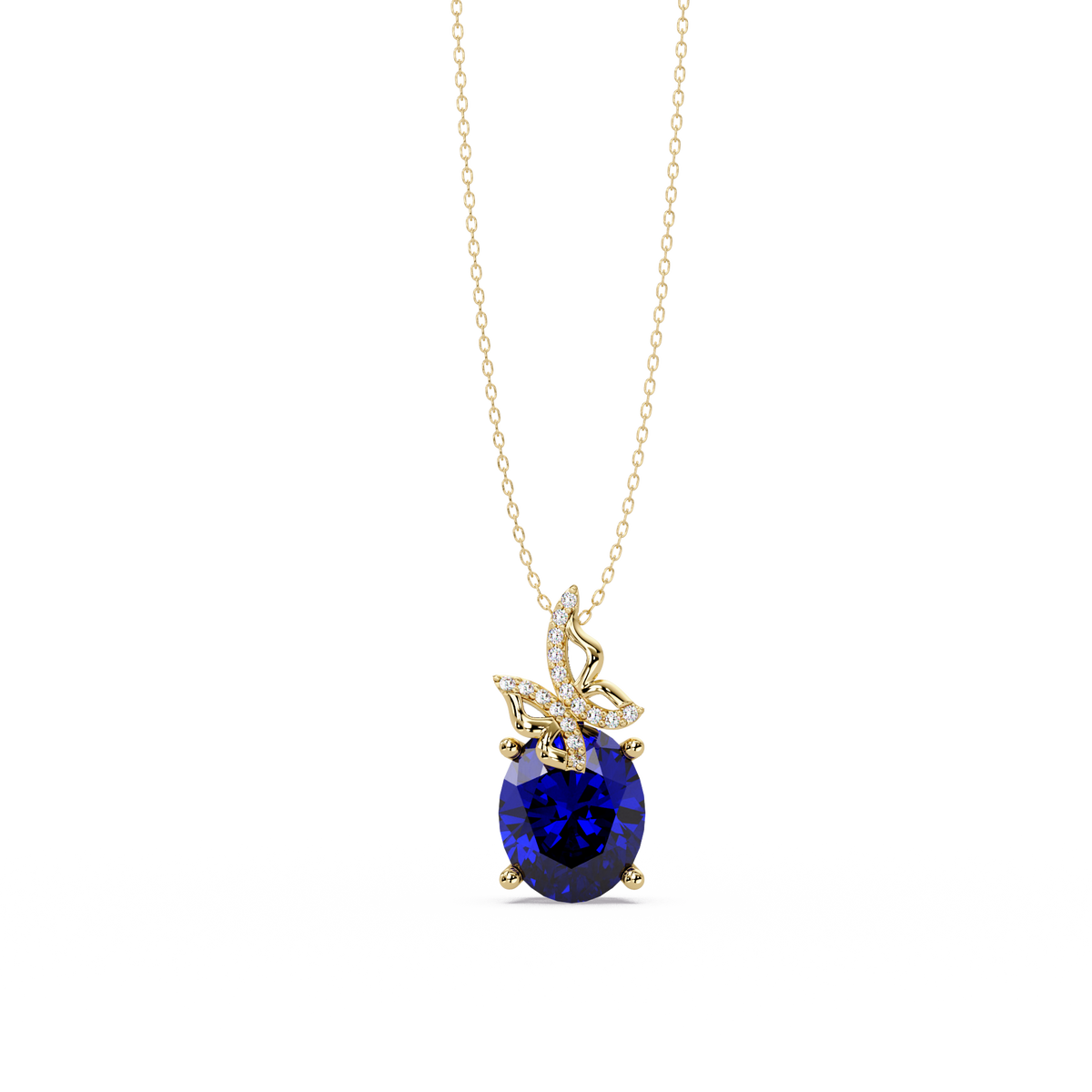 4.0 CTW Oval Butterfly Colorstone Pendant Necklace — Sapphire Royal Blue — 14K Yellow Gold