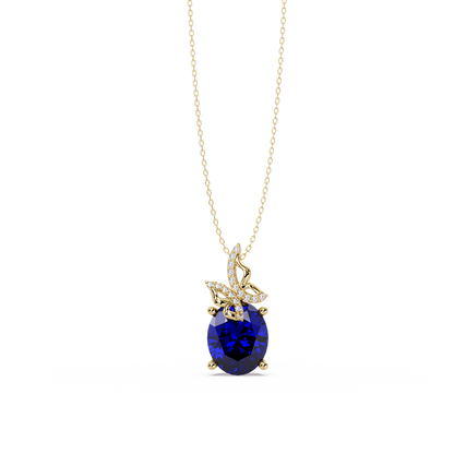 4.0 CTW Oval Butterfly Colorstone Pendant Necklace — Sapphire Royal Blue — 14K Yellow Gold