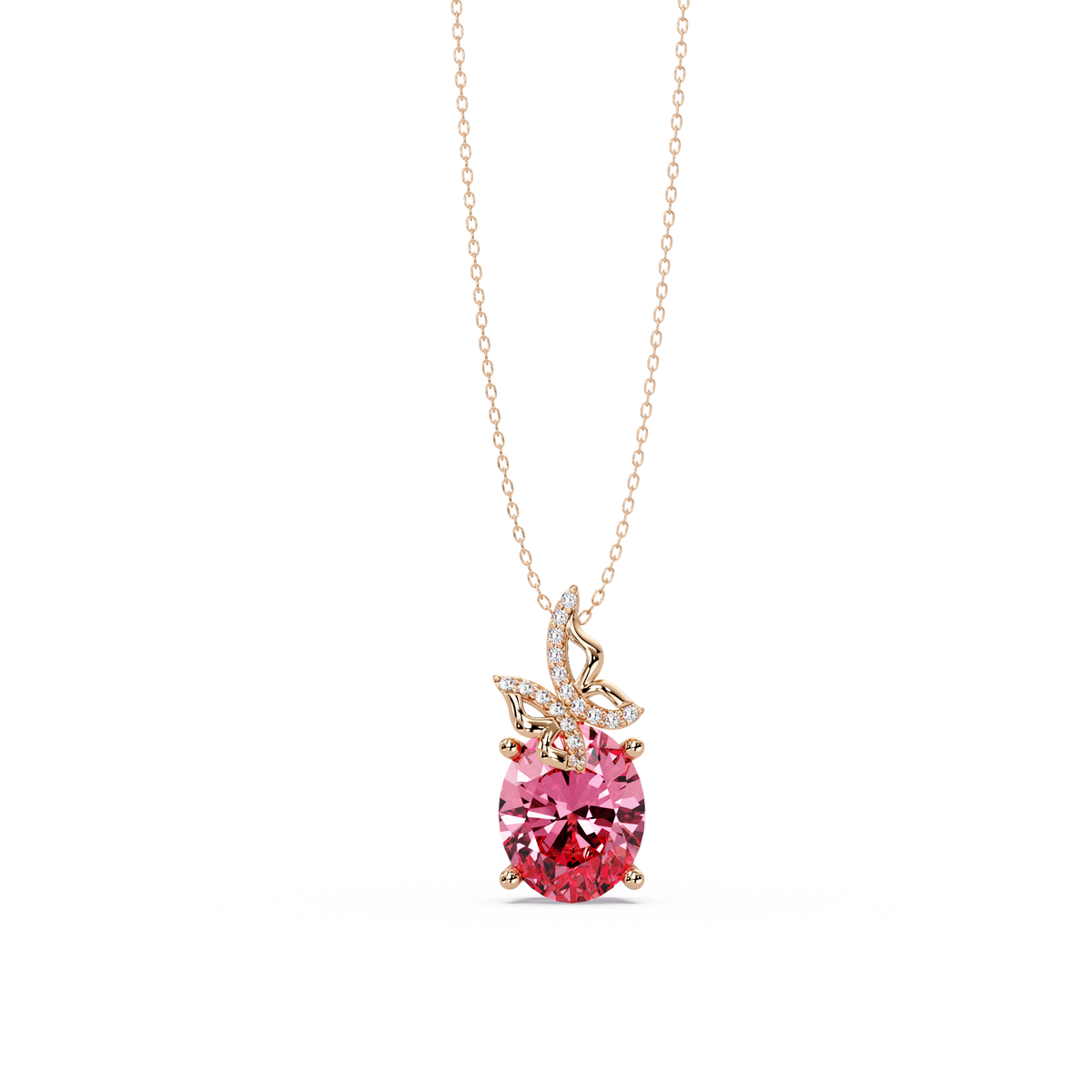 4.0 CTW Oval Butterfly Colorstone Pendant Necklace — Tourmaline Rose Pink — 14K Rose Gold