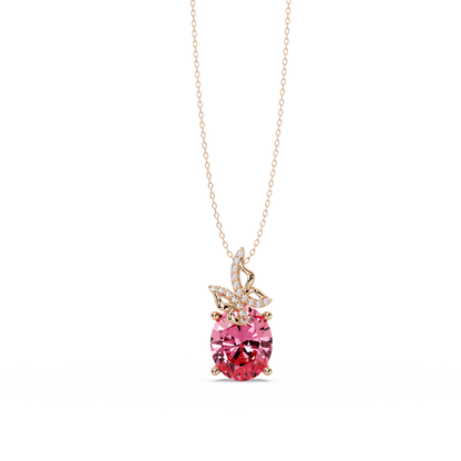 4.0 CTW Oval Butterfly Colorstone Pendant Necklace — Tourmaline Rose Pink — 14K Rose Gold