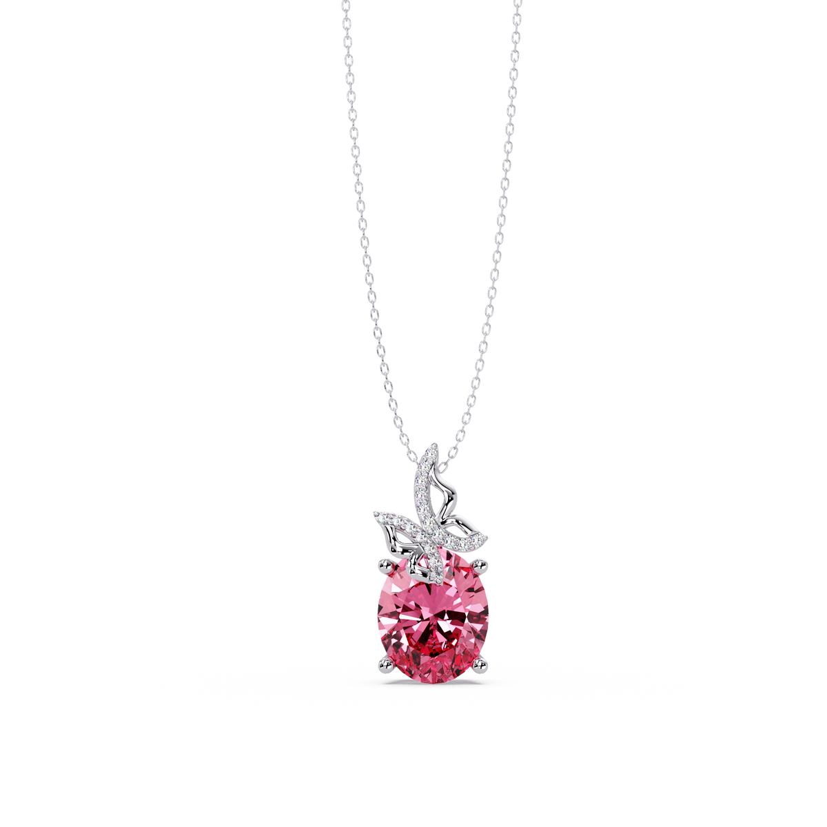 4.0 CTW Oval Butterfly Colorstone Pendant Necklace — Tourmaline Rose Pink — 14K White Gold