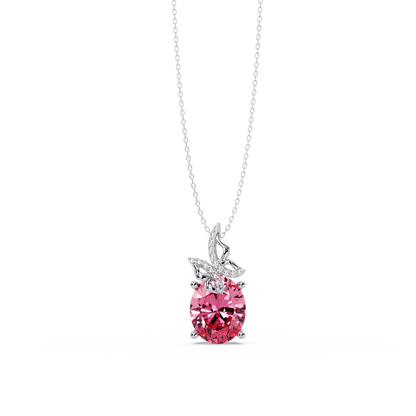 4.0 CTW Oval Butterfly Colorstone Pendant Necklace — Tourmaline Rose Pink — 14K White Gold