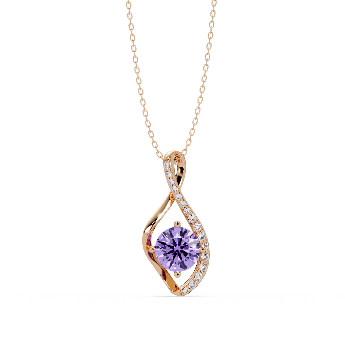 0.9 CTW Round Infinity Curve Colorstone Pendant Necklace — Amethyst Lavender — 14K Rose Gold