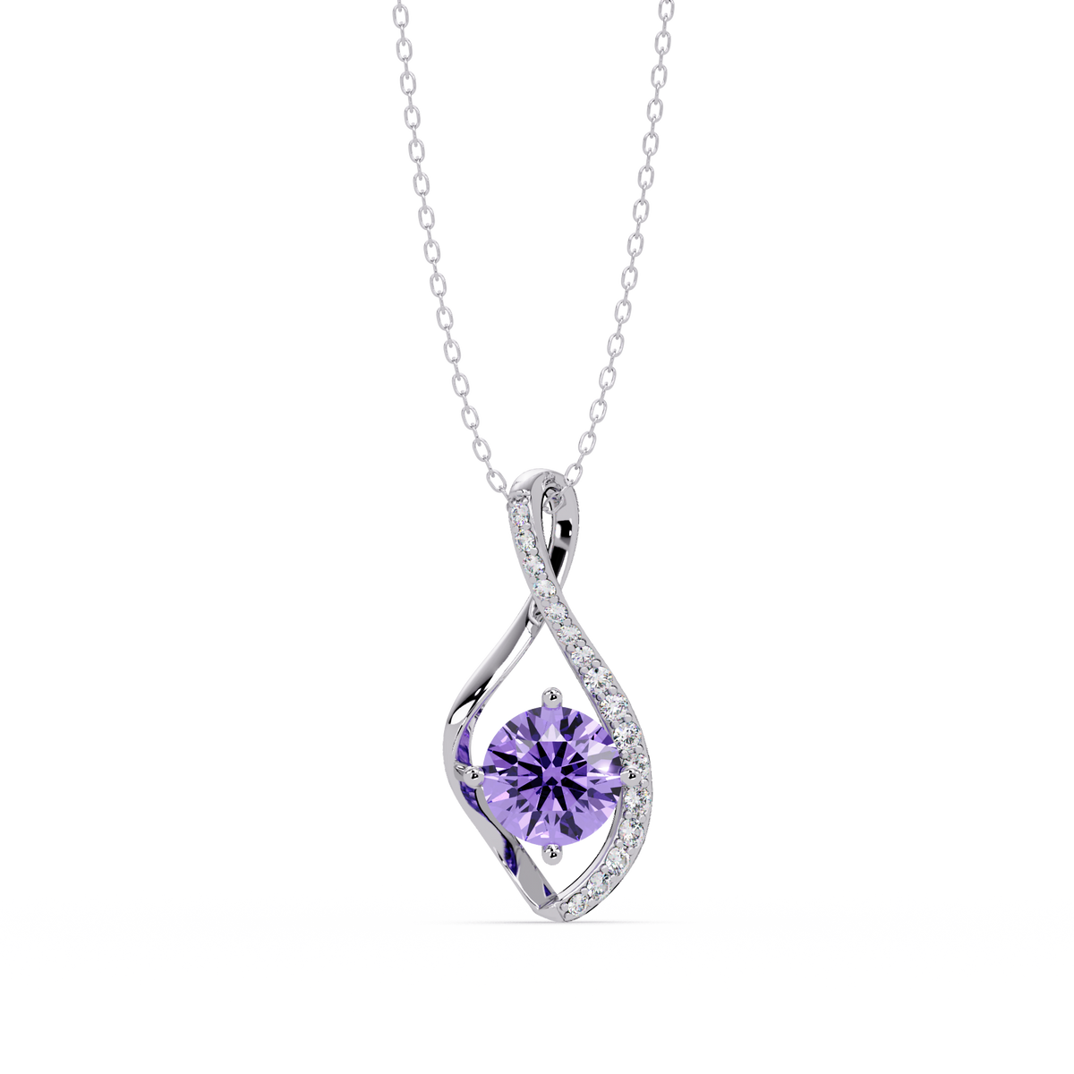 0.9 CTW Round Infinity Curve Colorstone Pendant Necklace — Amethyst Lavender — 14K White Gold