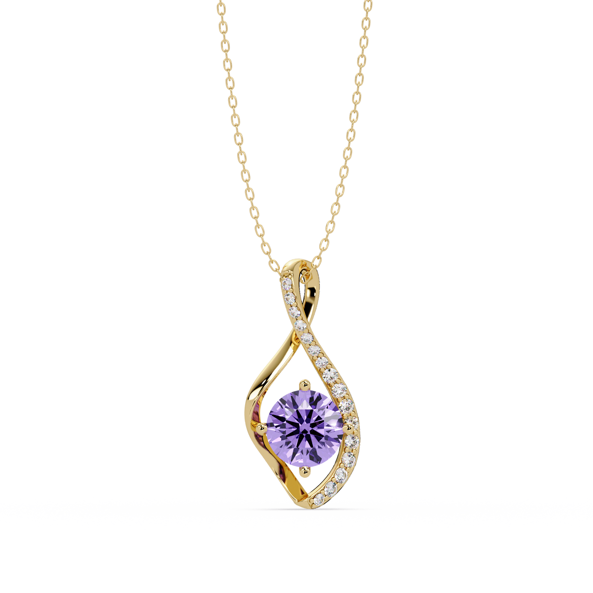 0.9 CTW Round Infinity Curve Colorstone Pendant Necklace — Amethyst Lavender — 14K Yellow Gold