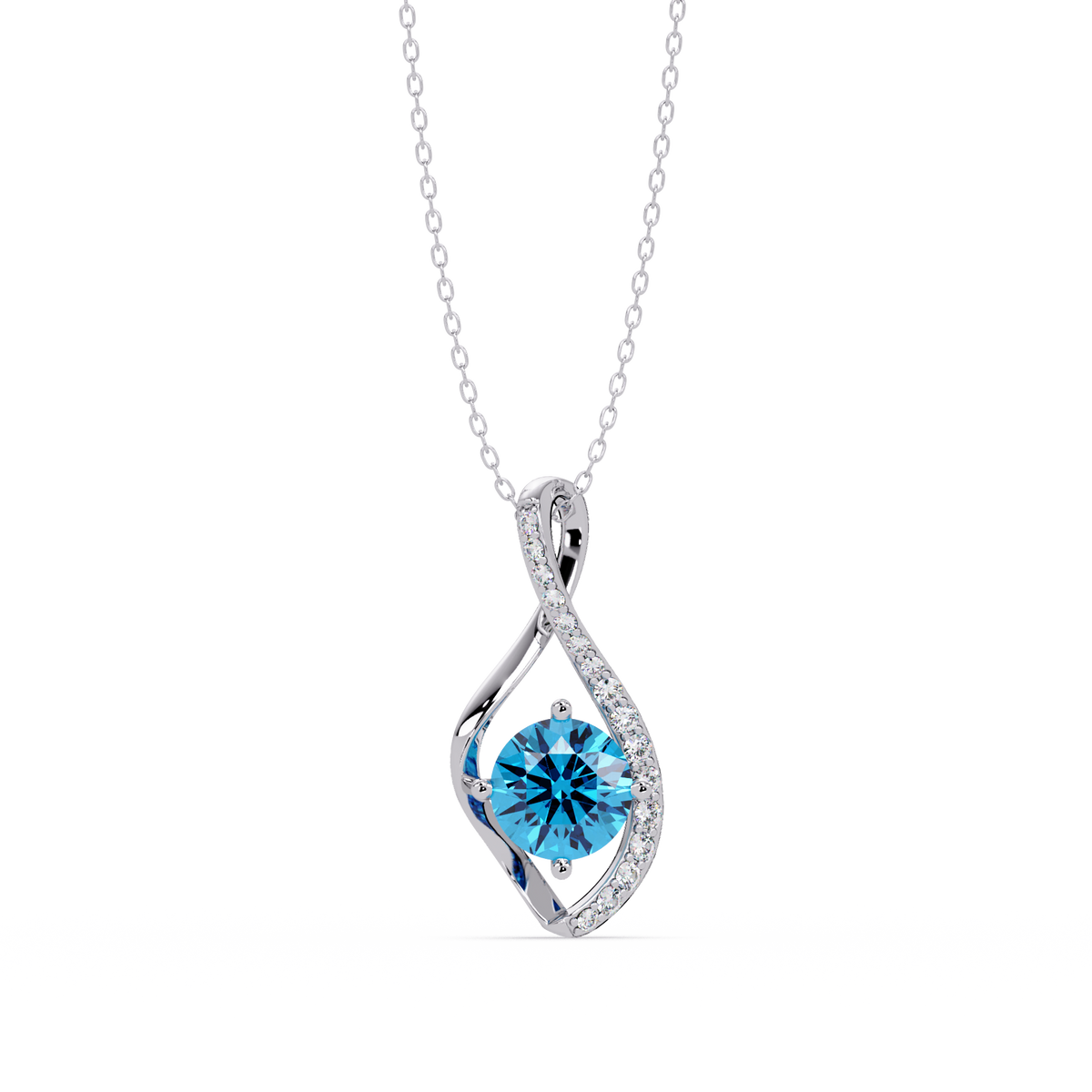 0.9 CTW Round Infinity Curve Colorstone Pendant Necklace — Aquamarine Sky Blue — 14K White Gold