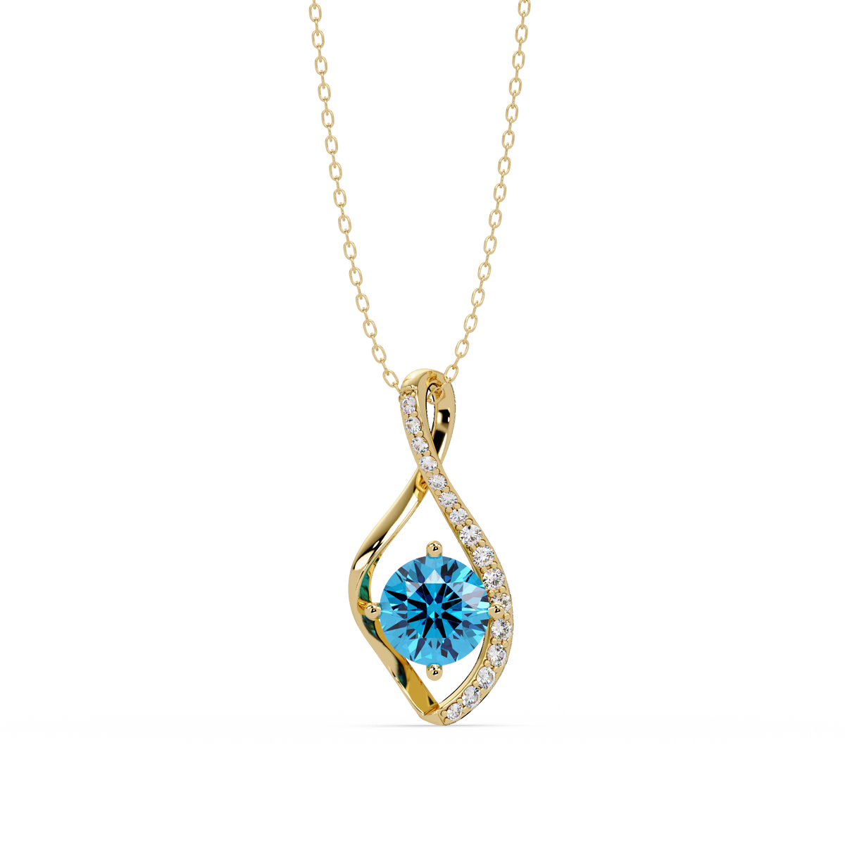 0.9 CTW Round Infinity Curve Colorstone Pendant Necklace — Aquamarine Sky Blue — 14K Yellow Gold