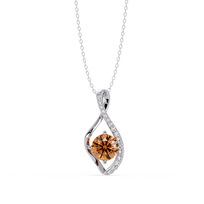 0.9 CTW Round Infinity Curve Colorstone Pendant Necklace — Champagne Topaz Amber — 14K White Gold
