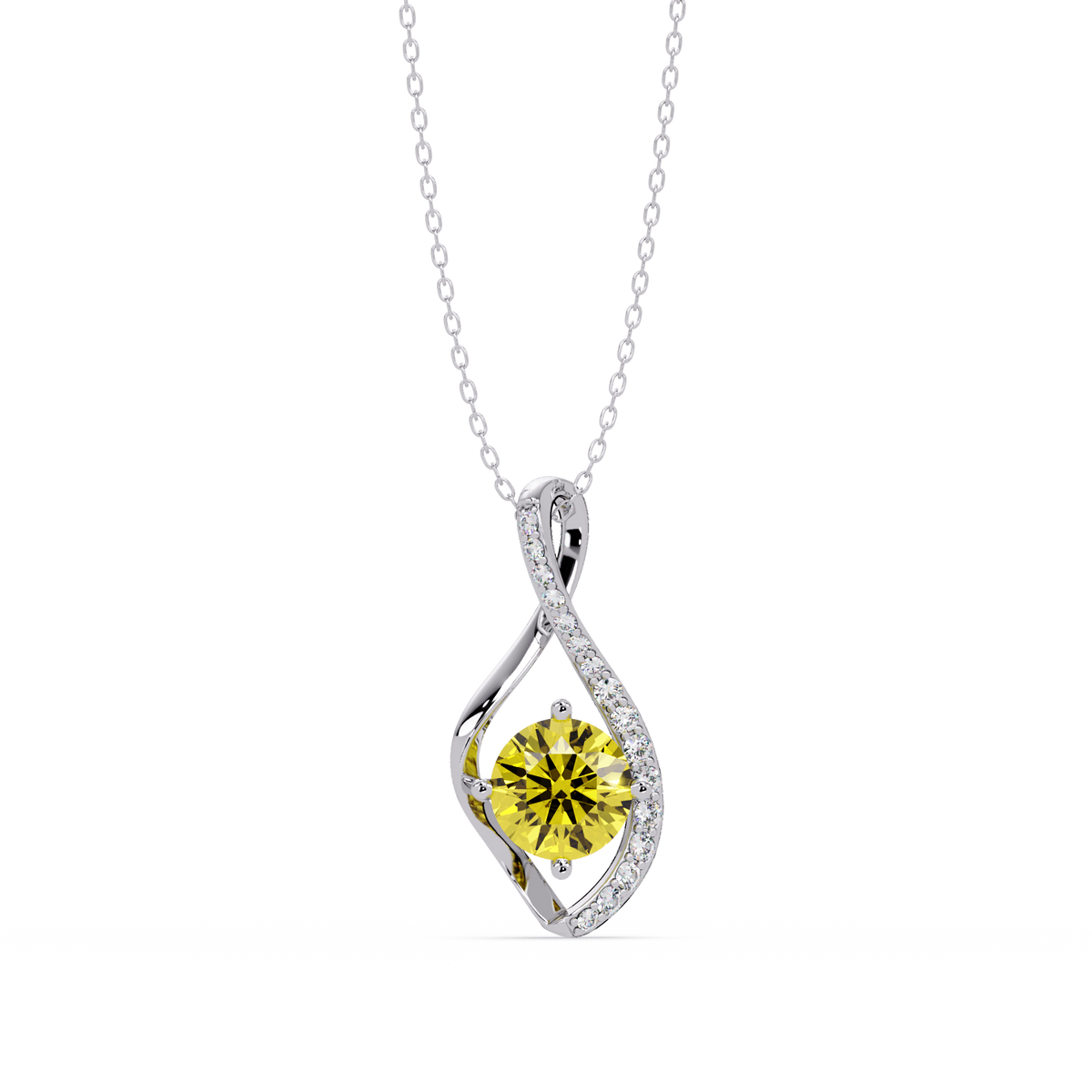 0.9 CTW Round Infinity Curve Colorstone Pendant Necklace — Citrine Lemon Yellow — 14K White Gold