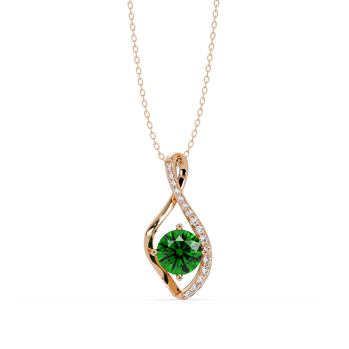 0.9 CTW Round Infinity Curve Colorstone Pendant Necklace — Emerald Deep Green — 14K Rose Gold
