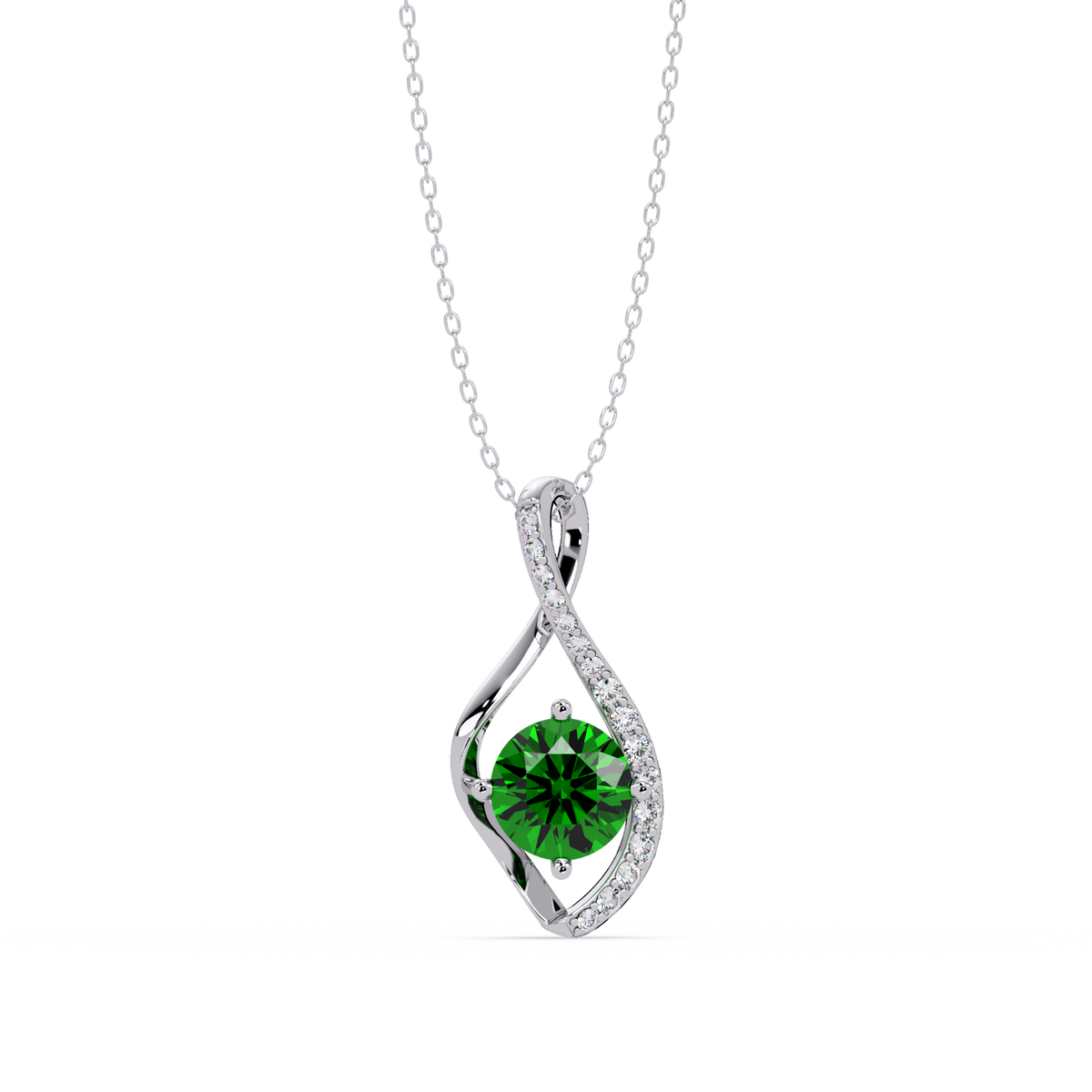 0.9 CTW Round Infinity Curve Colorstone Pendant Necklace — Emerald Deep Green — 14K White Gold