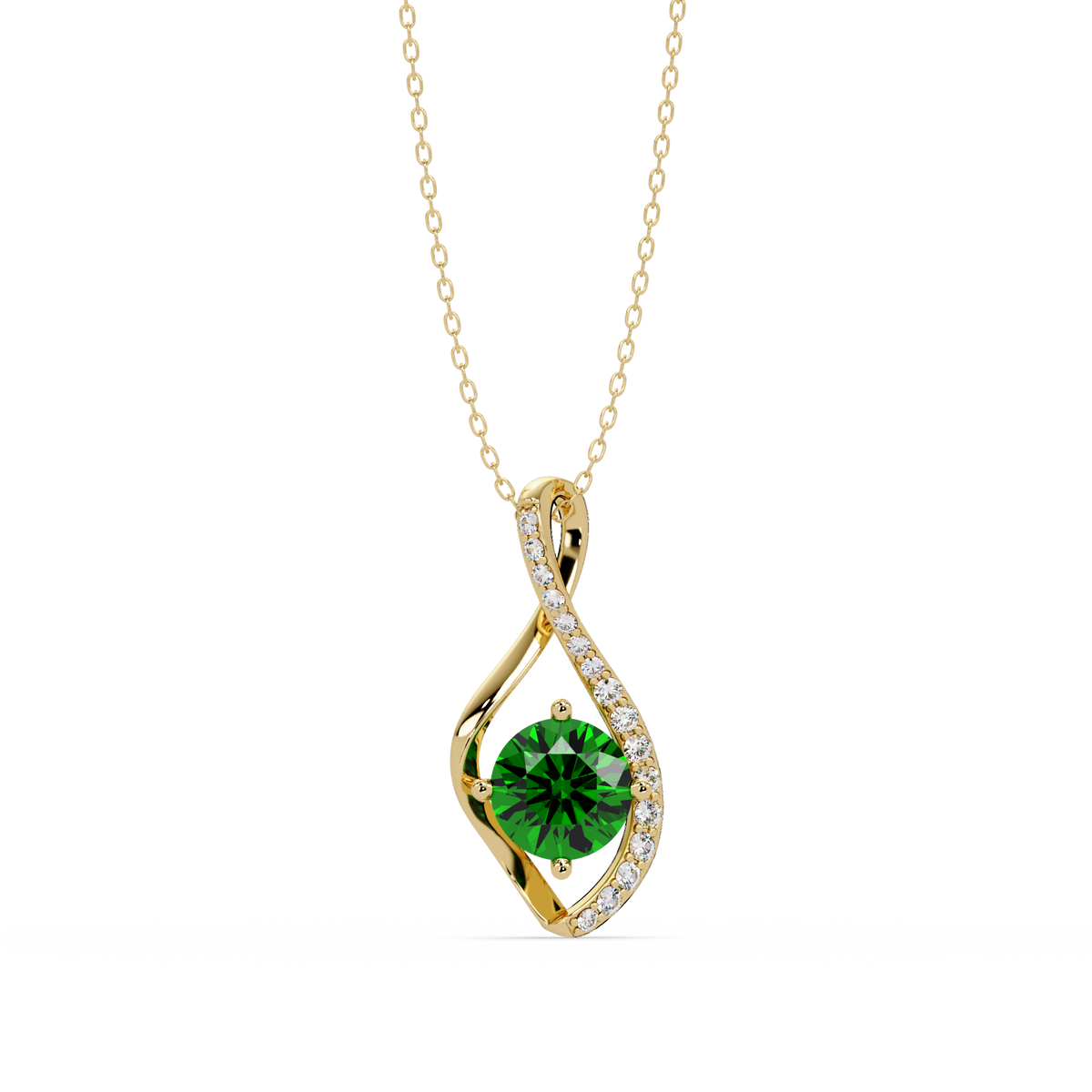 0.9 CTW Round Infinity Curve Colorstone Pendant Necklace — Emerald Deep Green — 14K Yellow Gold