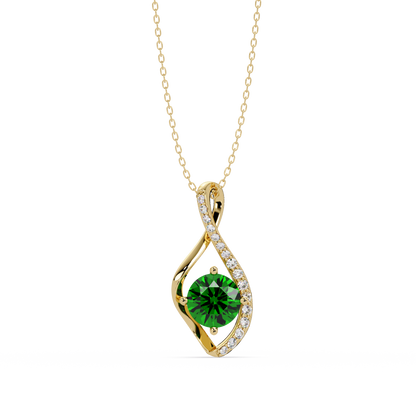 0.9 CTW Round Infinity Curve Colorstone Pendant Necklace — Emerald Deep Green — 14K Yellow Gold
