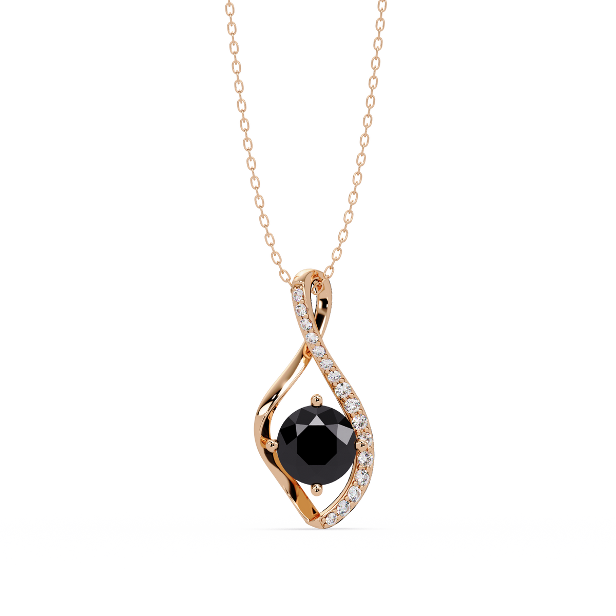 0.9 CTW Round Infinity Curve Colorstone Pendant Necklace — Onyx Black — 14K Rose Gold