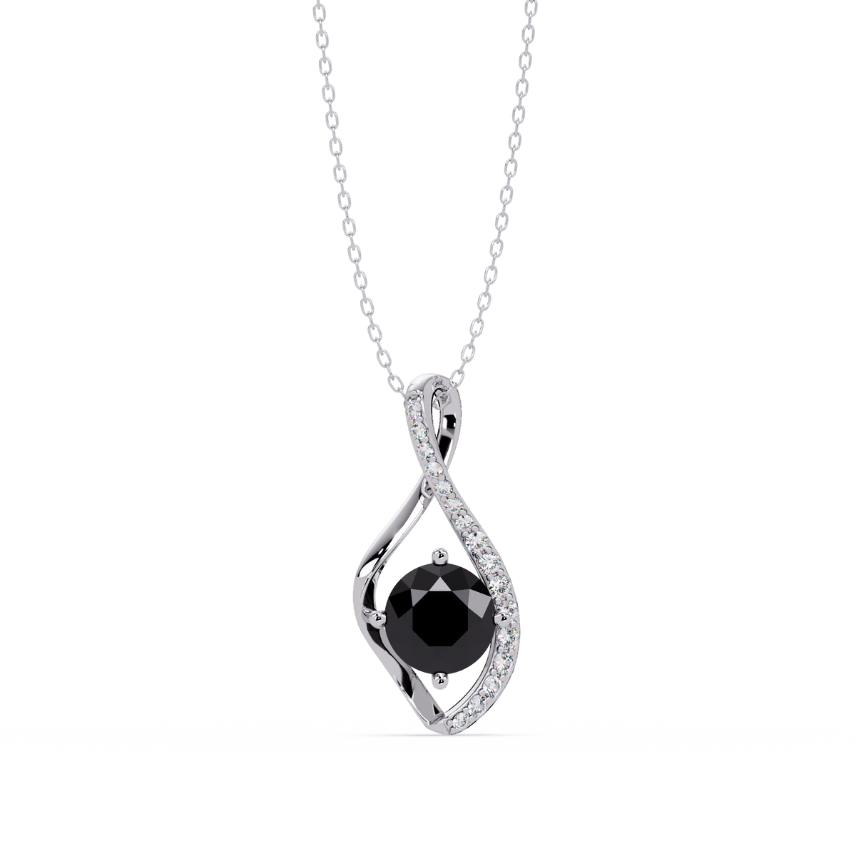 0.9 CTW Round Infinity Curve Colorstone Pendant Necklace — Onyx Black — 14K White Gold