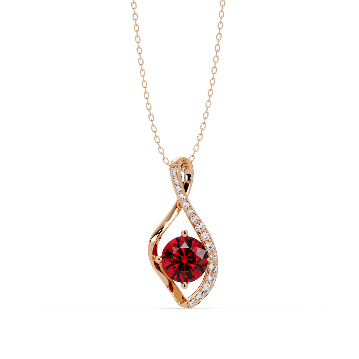 0.9 CTW Round Infinity Curve Colorstone Pendant Necklace — Ruby Deep Red — 14K Rose Gold