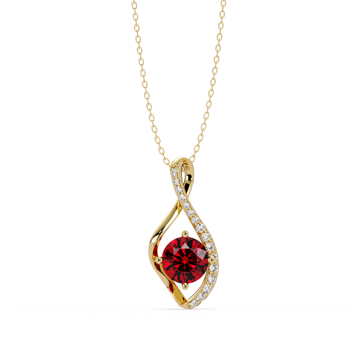 0.9 CTW Round Infinity Curve Colorstone Pendant Necklace — Ruby Deep Red — 14K Yellow Gold