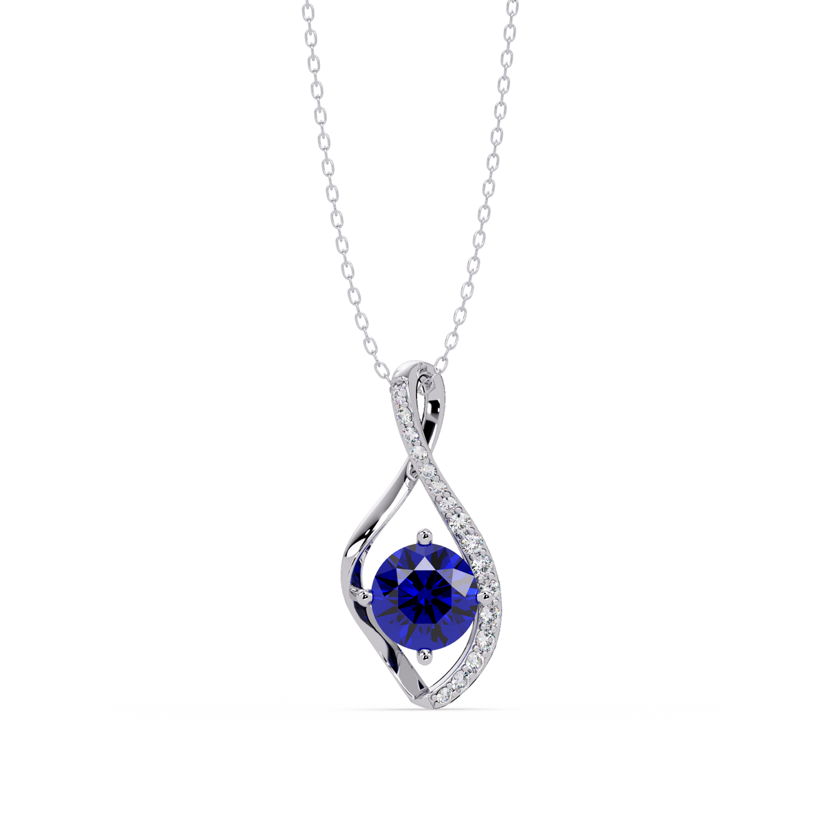 0.9 CTW Round Infinity Curve Colorstone Pendant Necklace — Sapphire Royal Blue — 14K White Gold