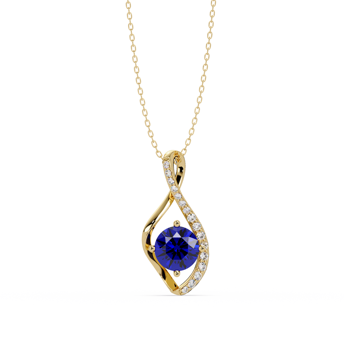 0.9 CTW Round Infinity Curve Colorstone Pendant Necklace — Sapphire Royal Blue — 14K Yellow Gold