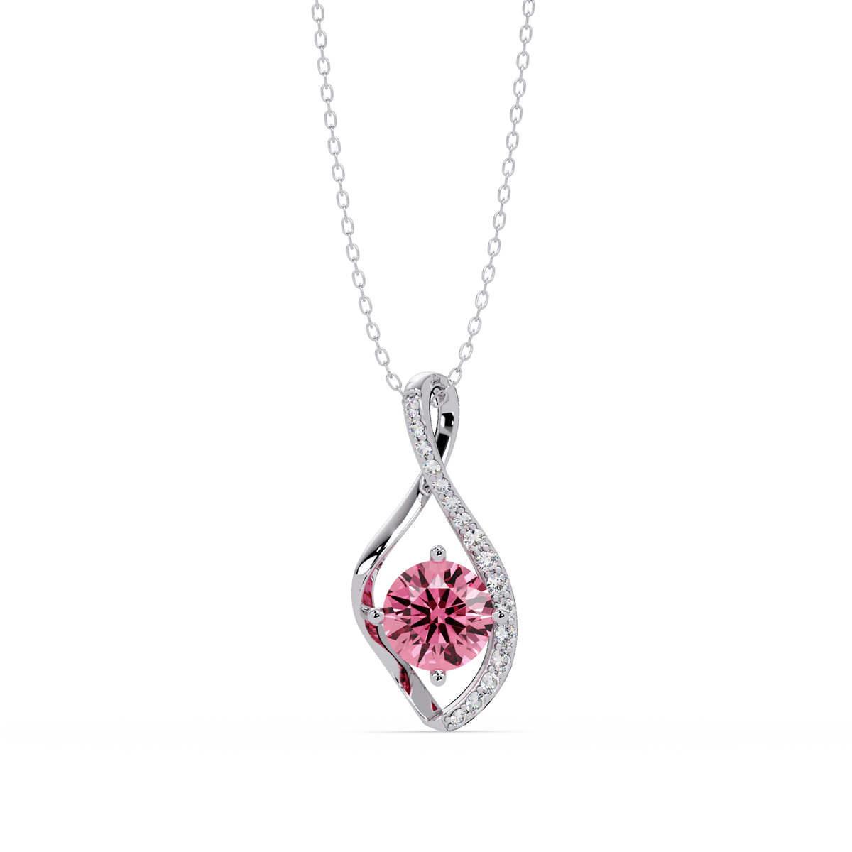 0.9 CTW Round Infinity Curve Colorstone Pendant Necklace — Tourmaline Rose Pink — 14K White Gold