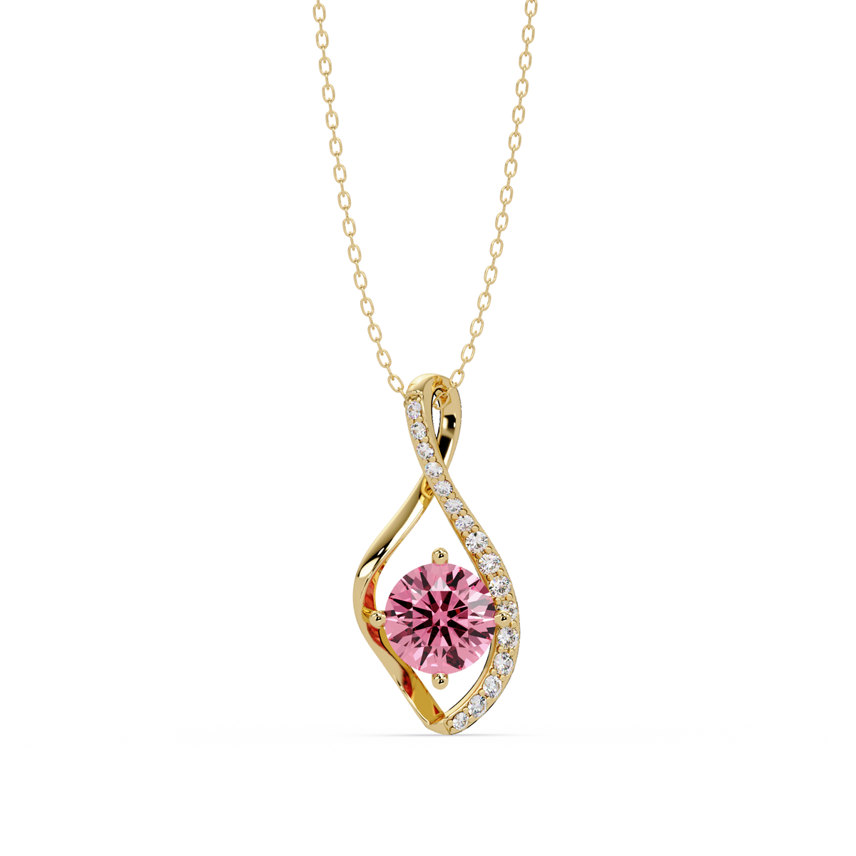 0.9 CTW Round Infinity Curve Colorstone Pendant Necklace — Tourmaline Rose Pink — 14K Yellow Gold