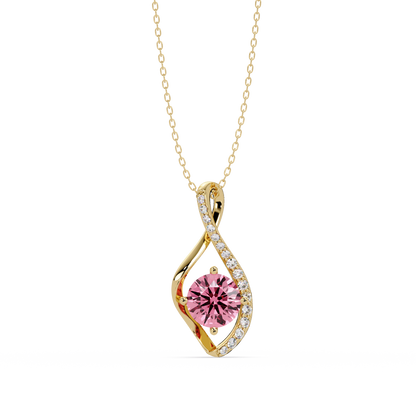0.9 CTW Round Infinity Curve Colorstone Pendant Necklace — Tourmaline Rose Pink — 14K Yellow Gold