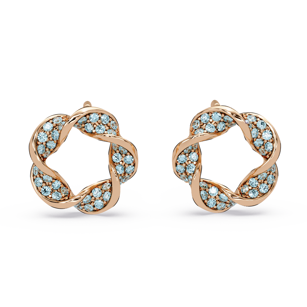 0.3 CTW twisted cluster colorstone stud earrings in 14K Rose Gold, Aquamarine Blue stones