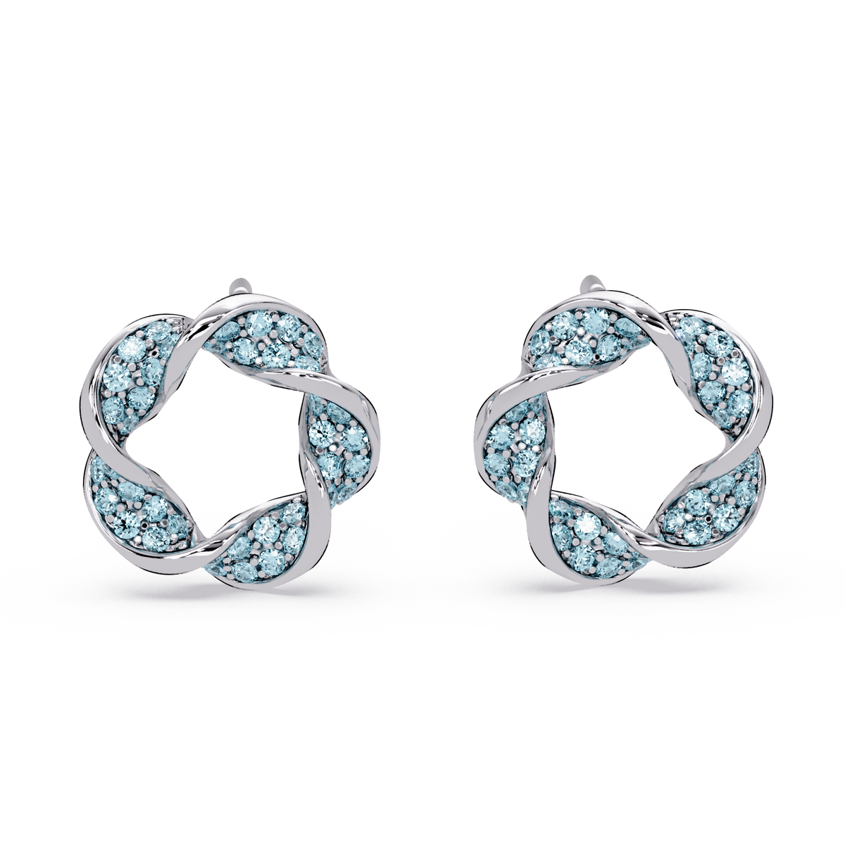 0.3 CTW twisted cluster colorstone stud earrings in 14K White Gold, Aquamarine Blue stones