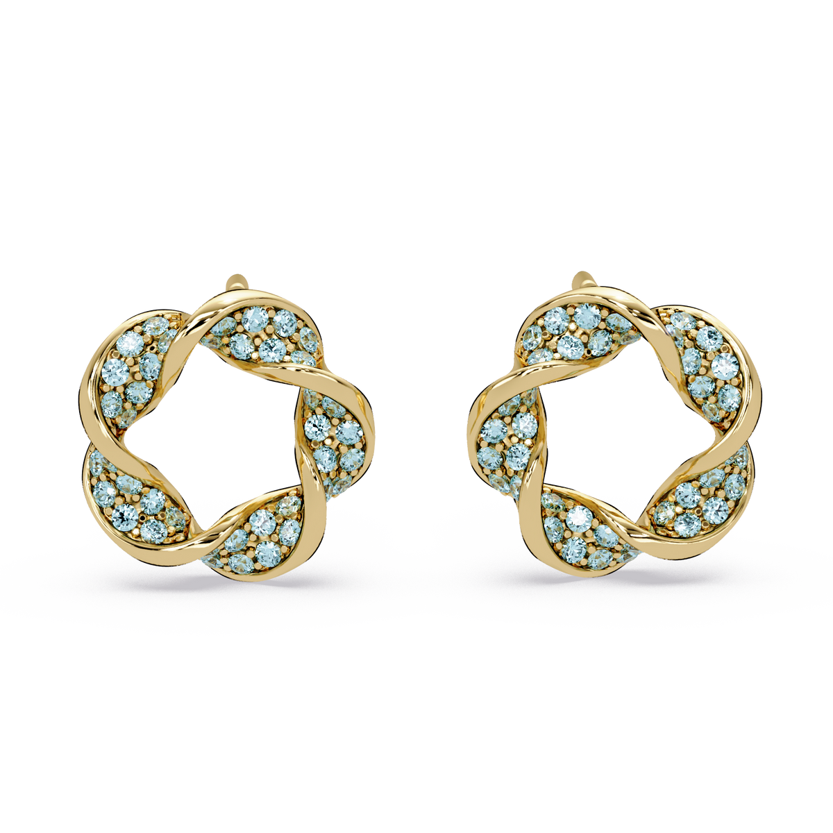 0.3 CTW twisted cluster colorstone stud earrings in 14K Yellow Gold, Aquamarine Blue stones