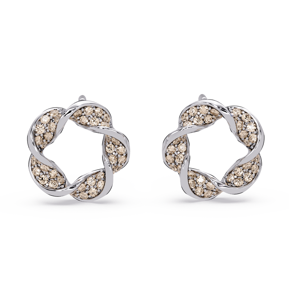 0.3 CTW twisted cluster colorstone stud earrings in 14K White Gold, Champagne Topaz stones