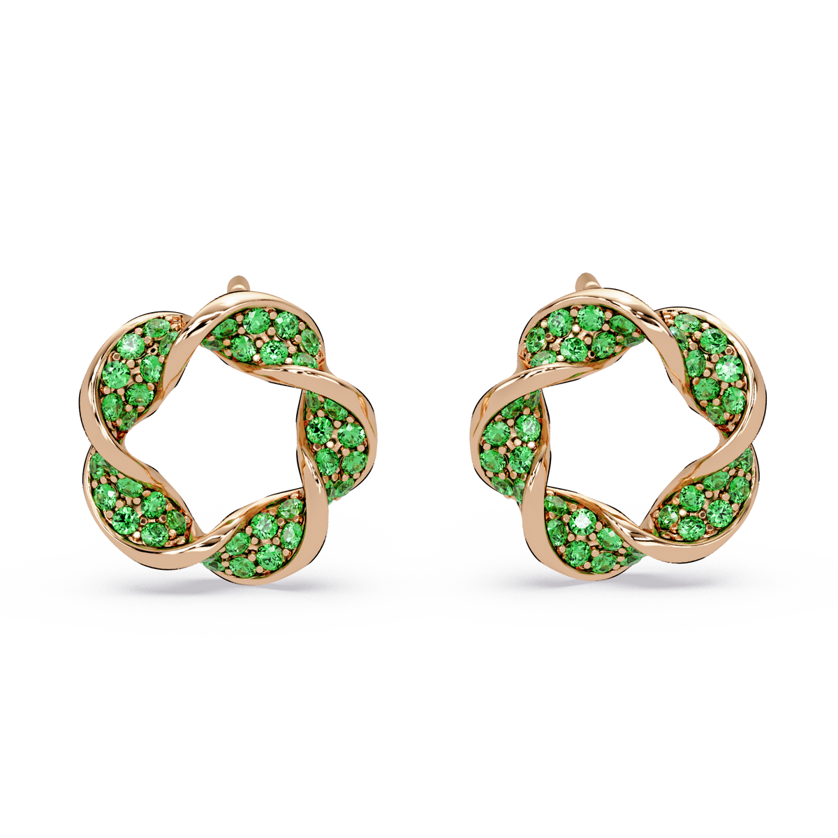 0.3 CTW twisted cluster colorstone stud earrings in 14K Rose Gold, Emerald Green stones