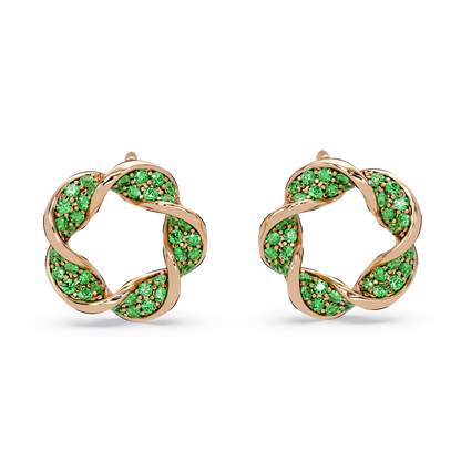 0.3 CTW twisted cluster colorstone stud earrings in 14K Rose Gold, Emerald Green stones