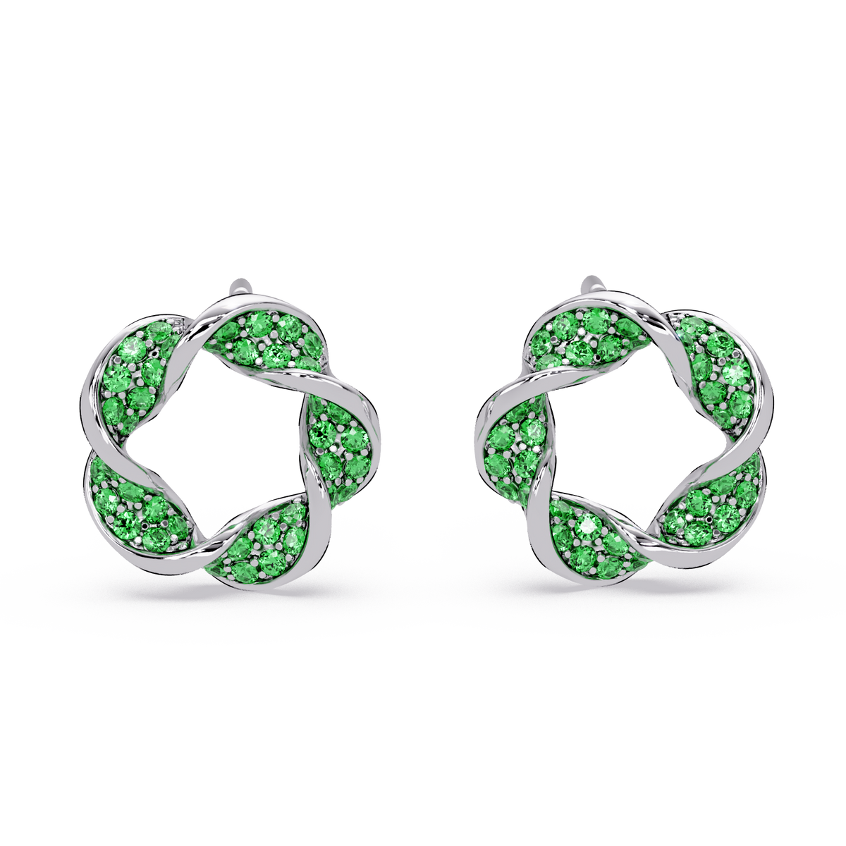 0.3 CTW twisted cluster colorstone stud earrings in 14K White Gold, Emerald Green stones