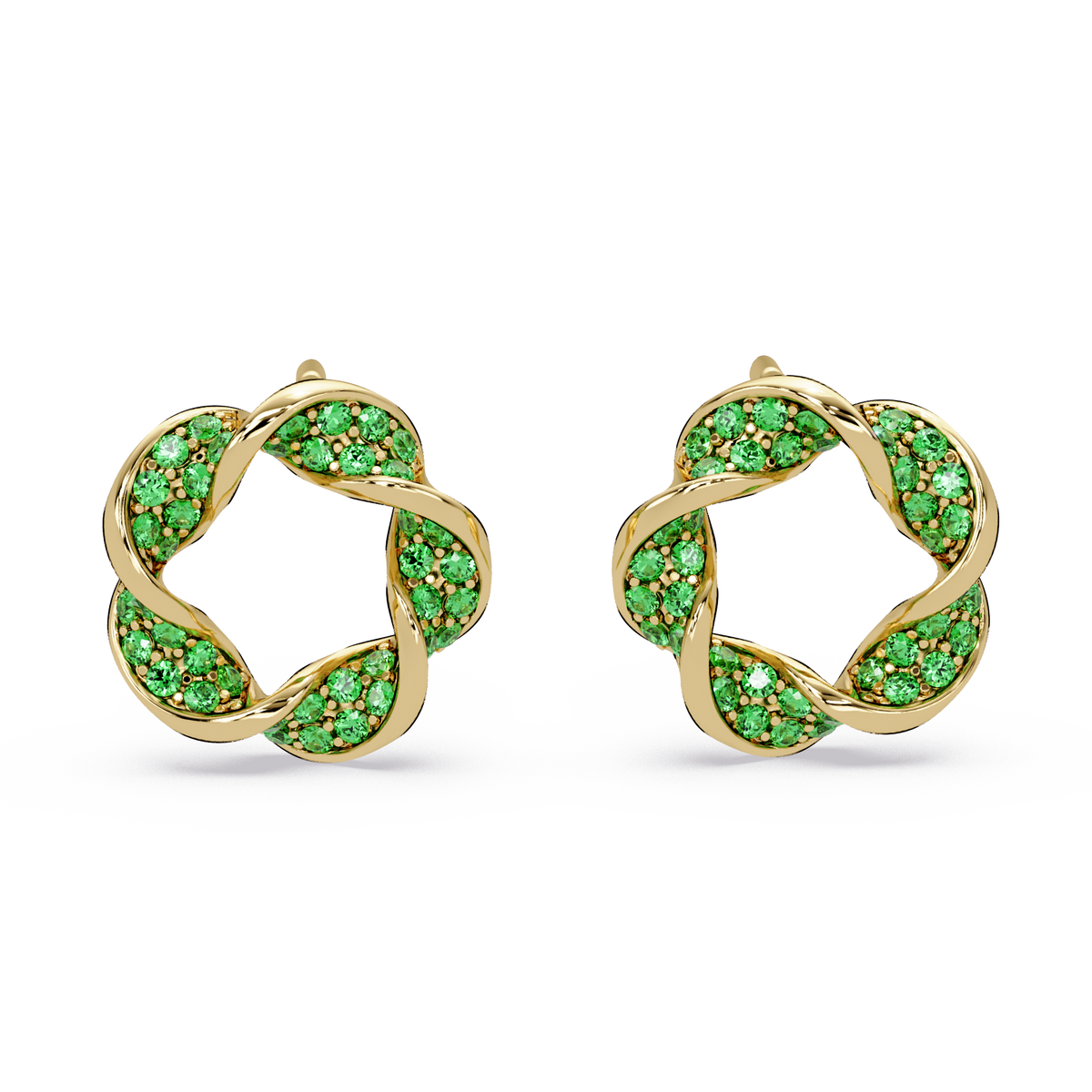 0.3 CTW twisted cluster colorstone stud earrings in 14K Yellow Gold, Emerald Green stones