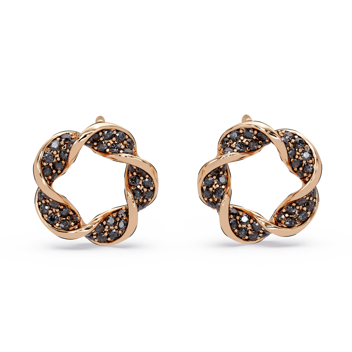 0.3 CTW twisted cluster colorstone stud earrings in 14K Rose Gold, Onyx stones