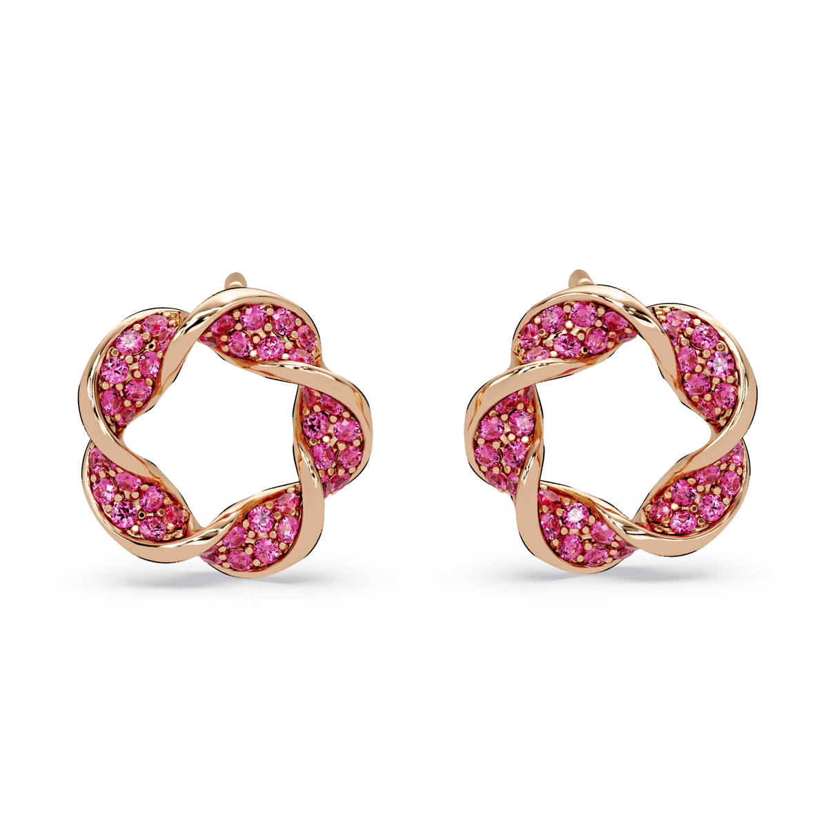 0.3 CTW twisted cluster colorstone stud earrings in 14K Rose Gold, Ruby Red stones