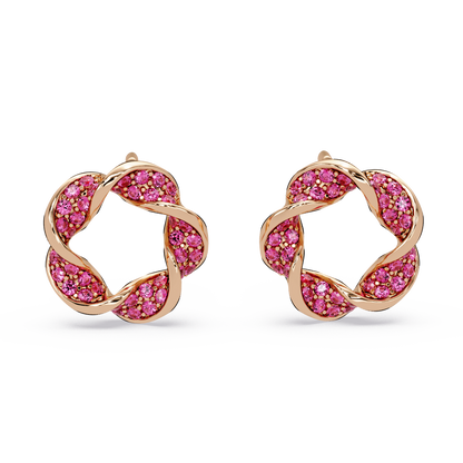 0.3 CTW twisted cluster colorstone stud earrings in 14K Rose Gold, Ruby Red stones