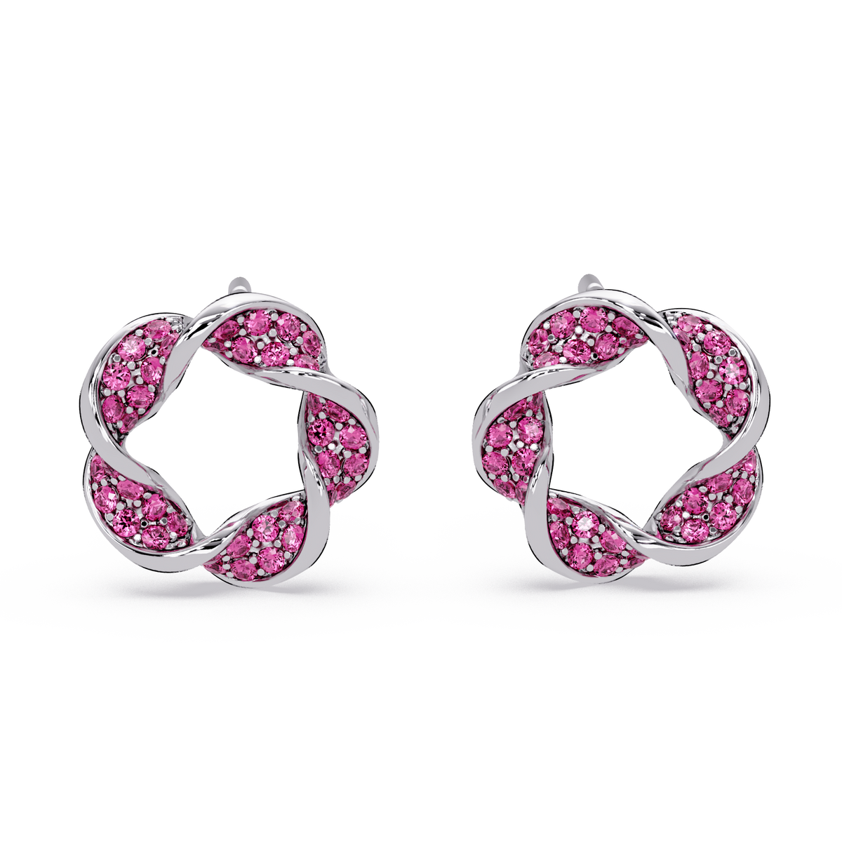 0.3 CTW twisted cluster colorstone stud earrings in 14K White Gold, Ruby Red stones