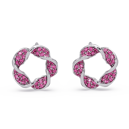 0.3 CTW twisted cluster colorstone stud earrings in 14K White Gold, Ruby Red stones