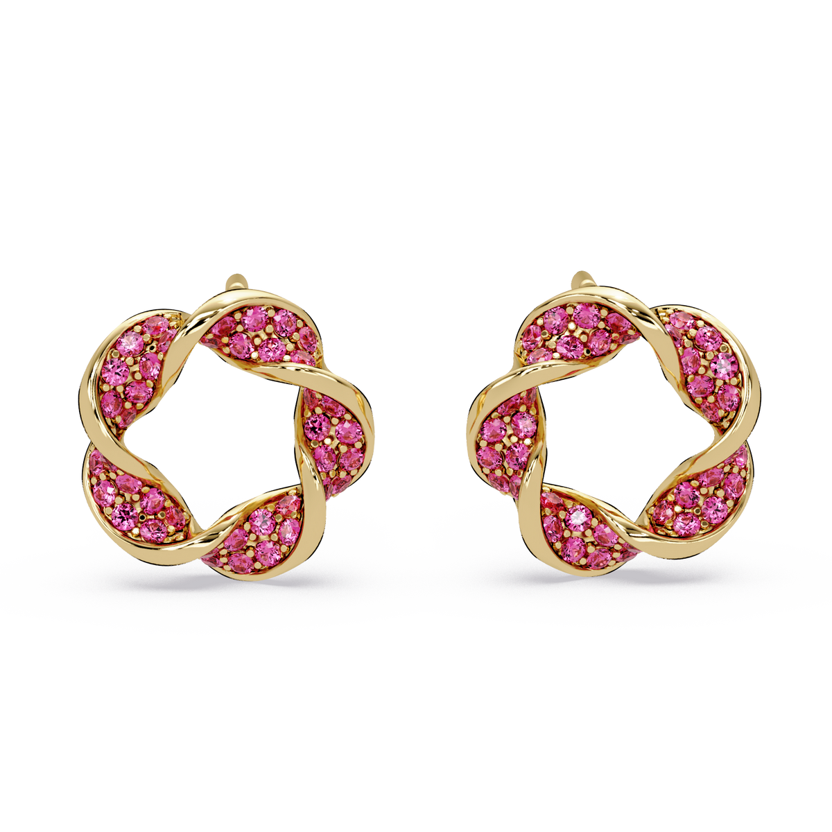 0.3 CTW twisted cluster colorstone stud earrings in 14K Yellow Gold, Ruby Red stones