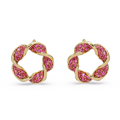 0.3 CTW twisted cluster colorstone stud earrings in 14K Yellow Gold, Ruby Red stones