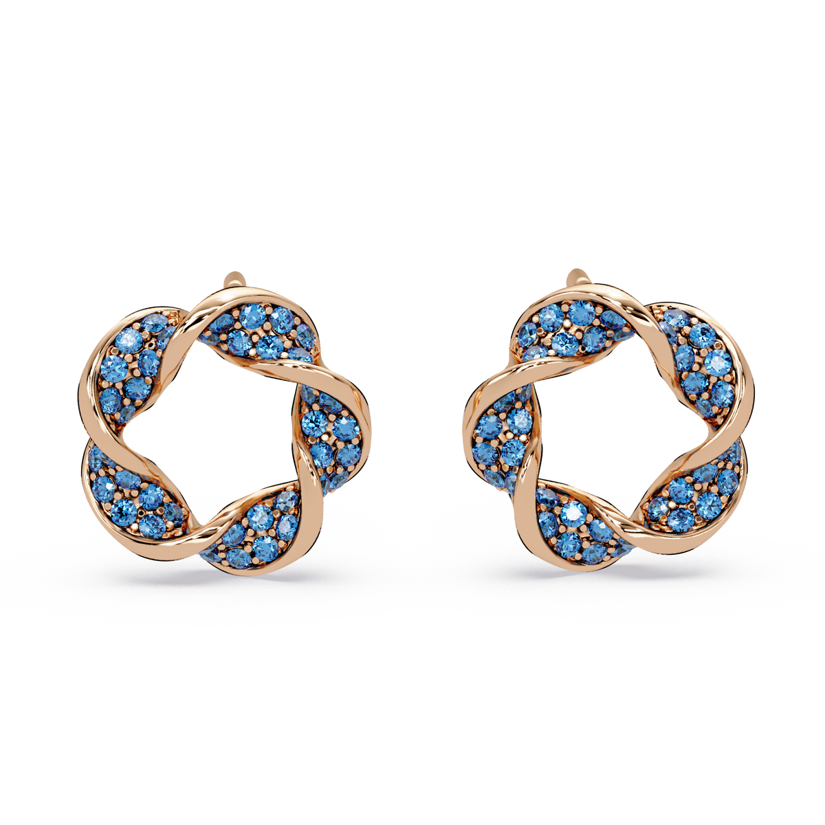 0.3 CTW twisted cluster colorstone stud earrings in 14K Rose Gold, Sapphire Blue stones