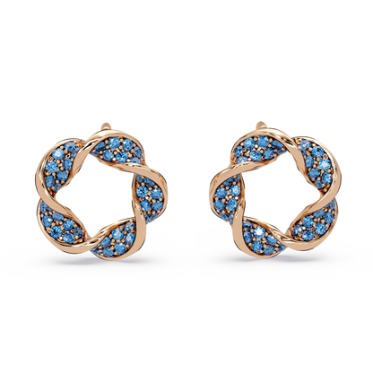 0.3 CTW twisted cluster colorstone stud earrings in 14K Rose Gold, Sapphire Blue stones