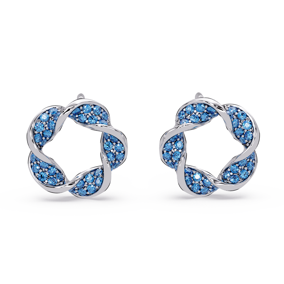 0.3 CTW twisted cluster colorstone stud earrings in 14K White Gold, Sapphire Blue stones