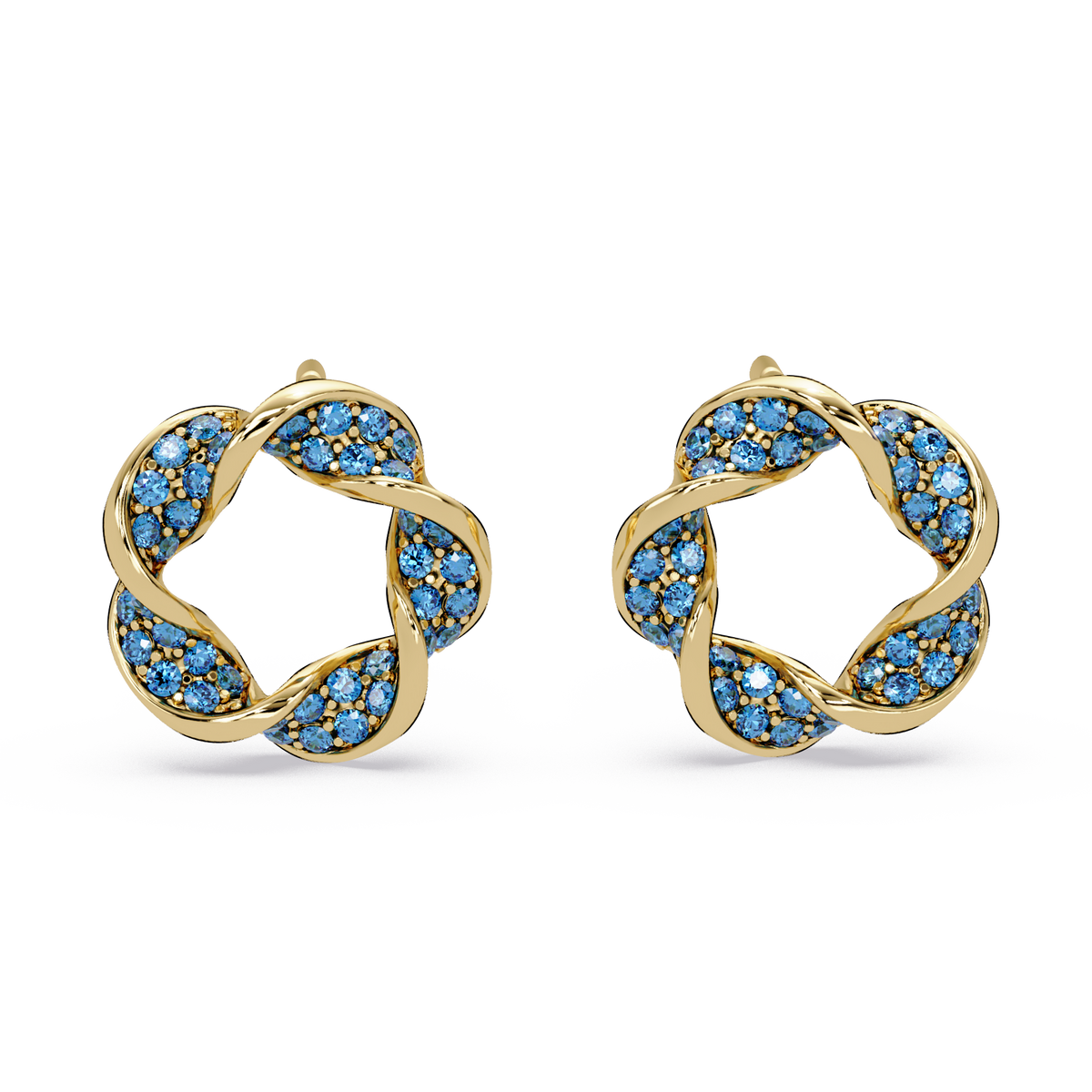 0.3 CTW twisted cluster colorstone stud earrings in 14K Yellow Gold, Sapphire Blue stones