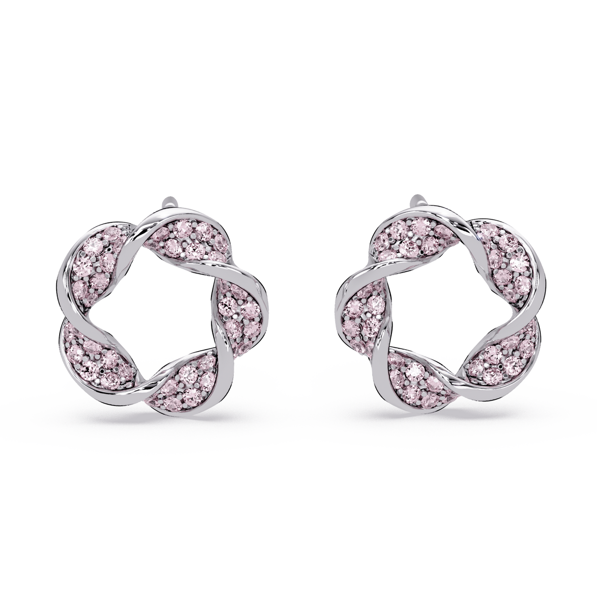 0.3 CTW twisted cluster colorstone stud earrings in 14K White Gold, Tourmaline Pink stones