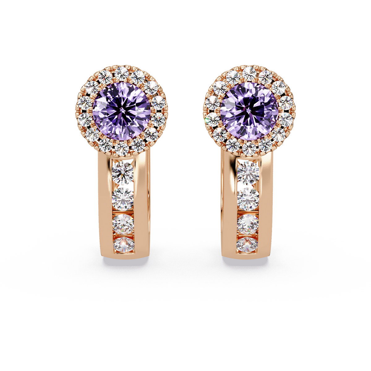 Halo colorstone huggie earrings in rose gold, Amethyst Purple center stones