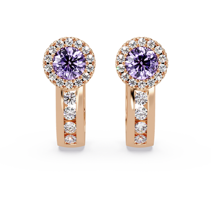 Halo colorstone huggie earrings in rose gold, Amethyst Purple center stones